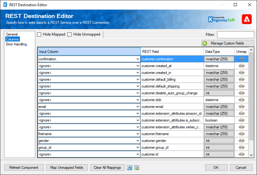 SSIS REST Magento / Adobe Commerce Destination - Columns